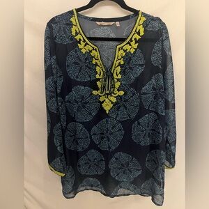 Soft Surroundings Women’s Blue Sand Dollar W/ Lime Beading Sheer Blouse Size L
